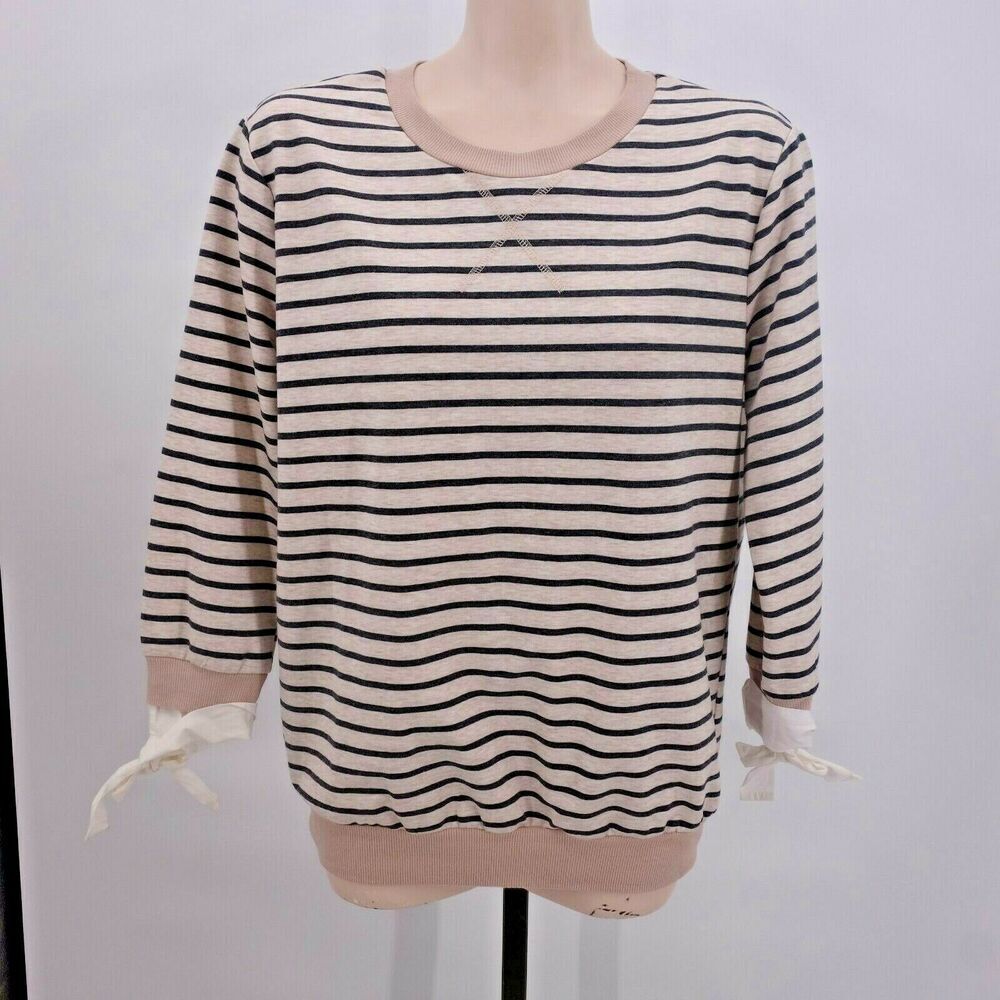 Doe & Rae Taupe Black Stripe Long Sleeve Knit Shirt Top Tie Wrist Women's Small